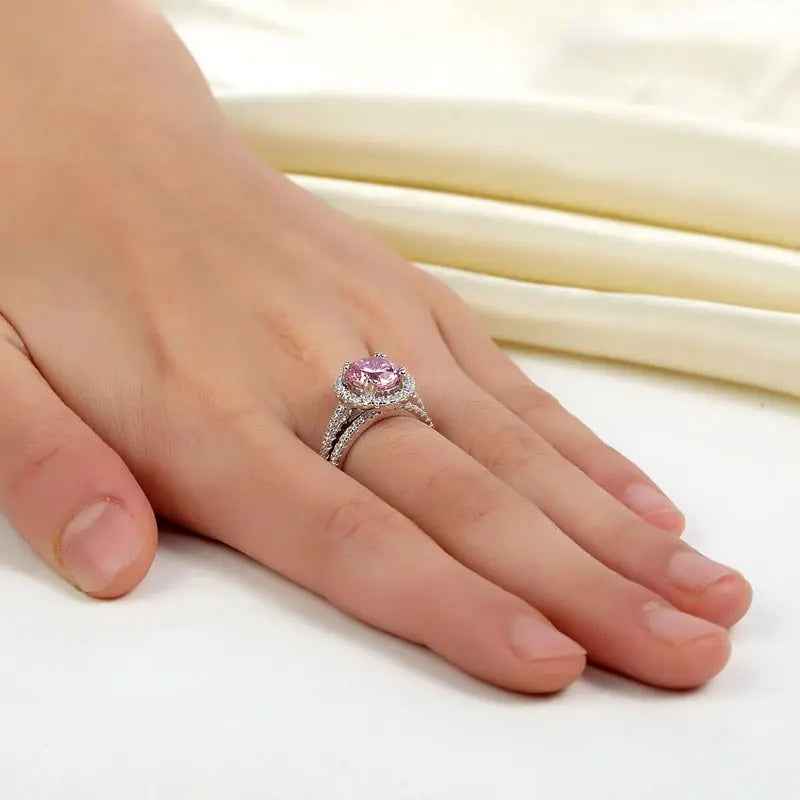 Sterling Silver Wedding Engagement Halo Ring Set 2 Carat Pink Simulated Diamond Wedding Jewellery