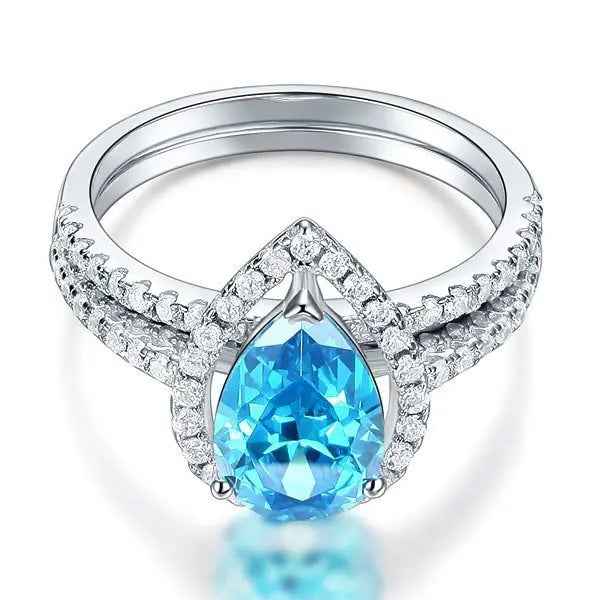 Sterling 925 Silver Bridal Wedding Engagement Ring Set 2 Carat Pear Fancy Blue Simulated Diamond Jewellery
