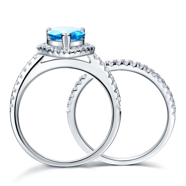 Sterling 925 Silver Bridal Wedding Engagement Ring Set 2 Carat Pear Fancy Blue Created Diamond Jewellery