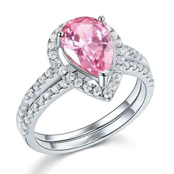 Sterling 925 Silver Bridal Wedding Engagement Ring Set 2 Carat Pear Fancy Pink Simulated Diamond Jewellery