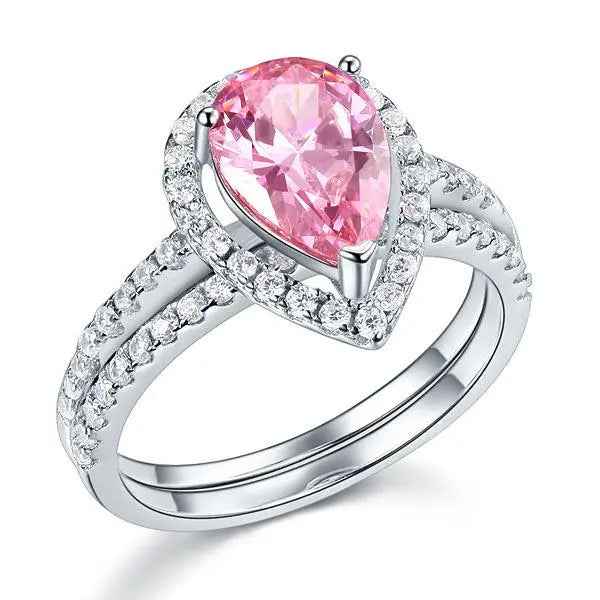 Sterling 925 Silver Bridal Wedding Engagement Ring Set 2 Carat Pear Fancy Ring