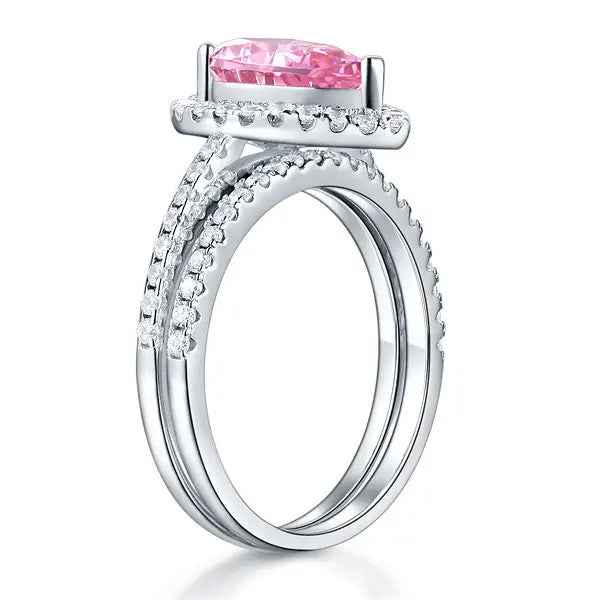 Sterling 925 Silver Bridal Wedding Engagement Ring Set 2 Carat Pear Fancy Pink Simulated Diamond Jewellery