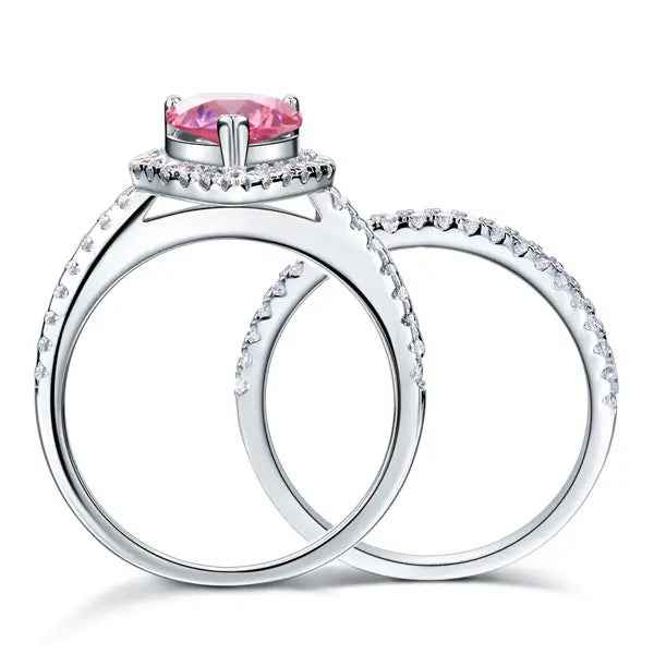 Sterling 925 Silver Bridal Wedding Engagement Ring Set 2 Carat Pear Fancy Pink Simulated Diamond Jewellery