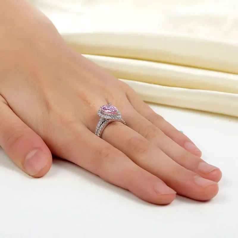 Sterling 925 Silver Bridal Wedding Engagement Ring Set 2 Carat Pear Fancy Pink Simulated Diamond Jewellery