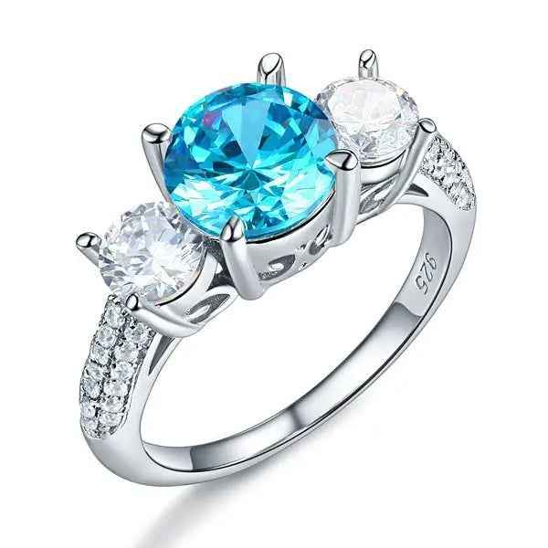 Sterling Silver 3-Stone Bridal Ring 2 Carat Created Blue Simulated Diamond Vintage Style Jewellery