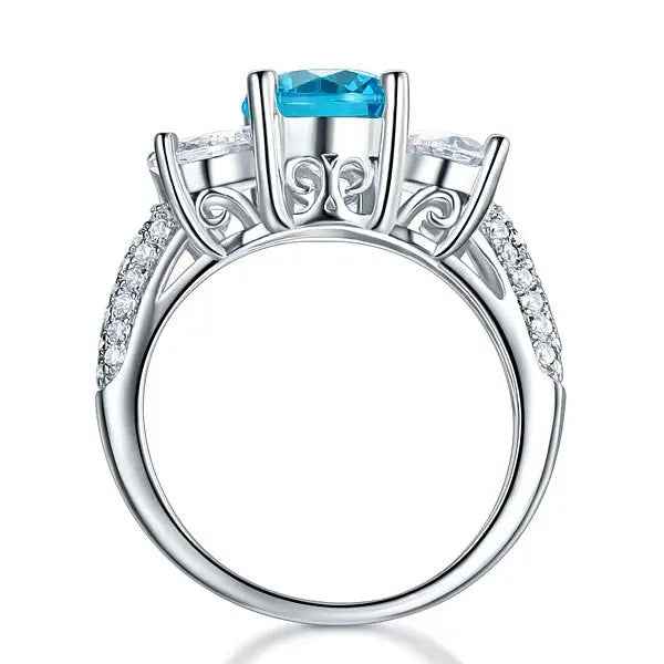 Sterling Silver 3-Stone Bridal Ring 2 Carat Created Blue Simulated Diamond Vintage Style Jewellery