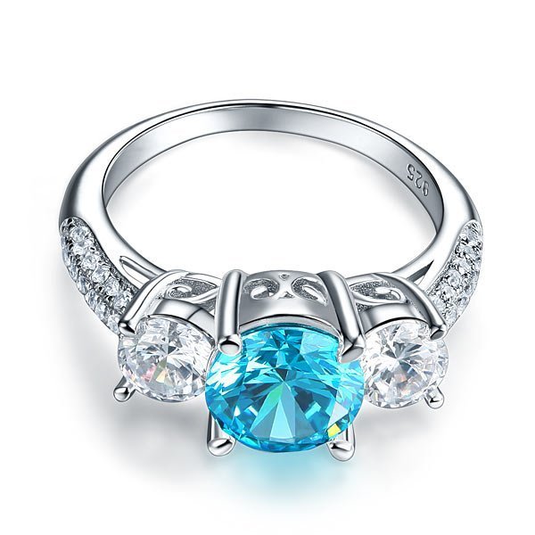 Sterling Silver 3-Stone Bridal Ring 2 Carat Created Blue Diamond Vintage Style Jewellery
