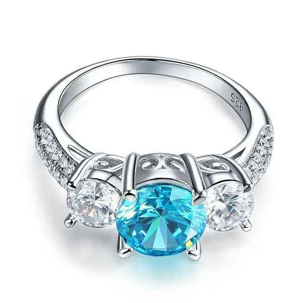 Sterling Silver 3-Stone Bridal Ring 2 Carat Created Blue Simulated Diamond Vintage Style Jewellery