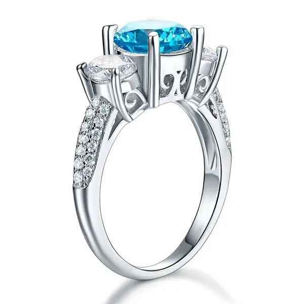 Sterling Silver 3-Stone Bridal Ring 2 Carat Created Blue Simulated Diamond Vintage Style Jewellery