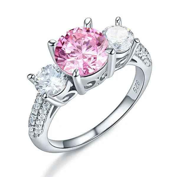 Sterling Silver 3-Stone Wedding Ring 2 Carat Fancy Pink Created Diamond Ring Vintage Style