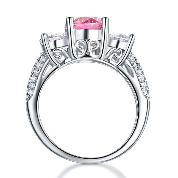Sterling Silver 3-Stone Wedding Ring 2 Carat Fancy Pink Created Diamond Ring Vintage Style