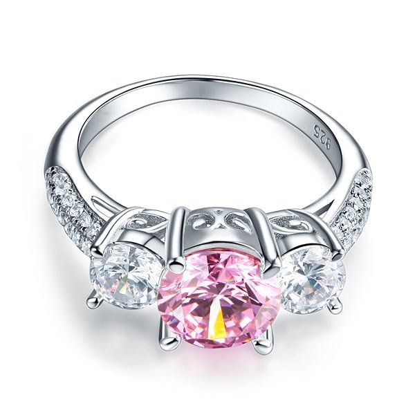 Sterling Silver 3-Stone Wedding Ring 2 Carat Fancy Pink Created Diamond Ring Vintage Style
