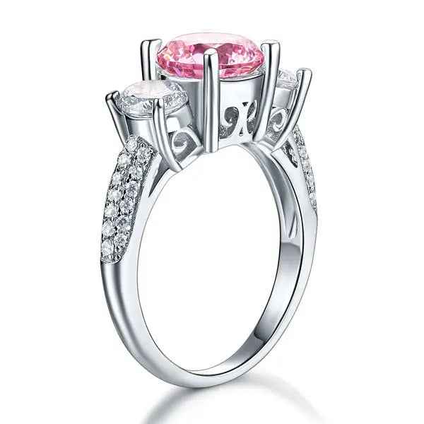 Sterling Silver 3-Stone Wedding Ring 2 Carat Fancy Pink Created Diamond Ring Vintage Style