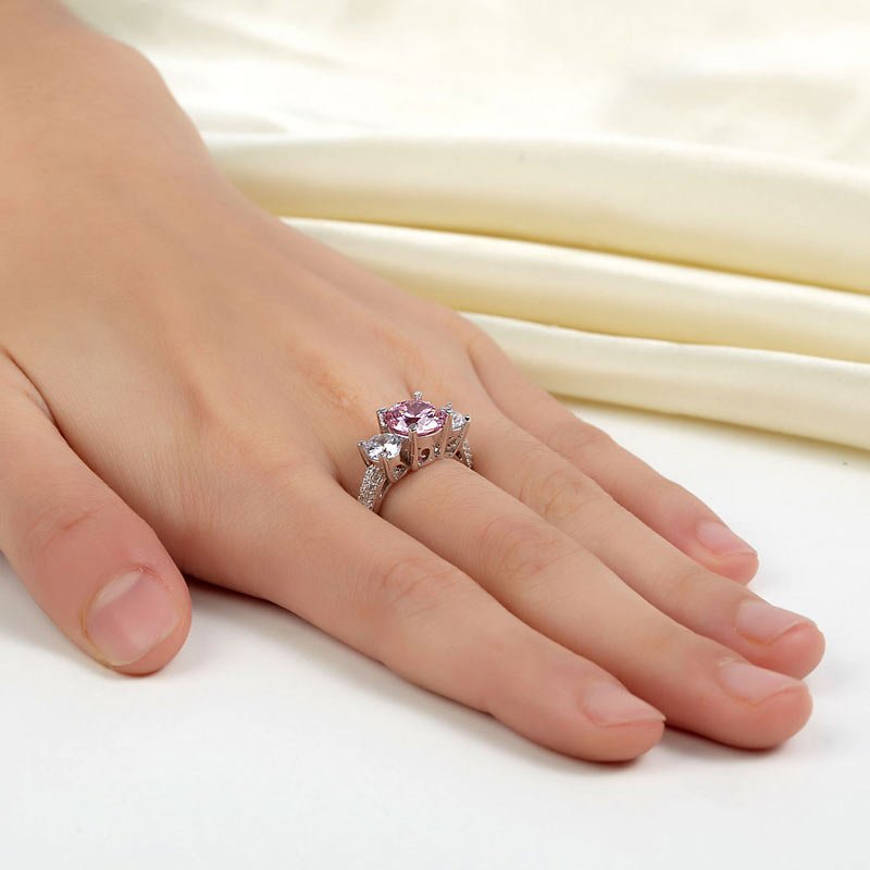 Sterling Silver 3-Stone Wedding Ring 2 Carat Fancy Pink Created Diamond Ring Vintage Style