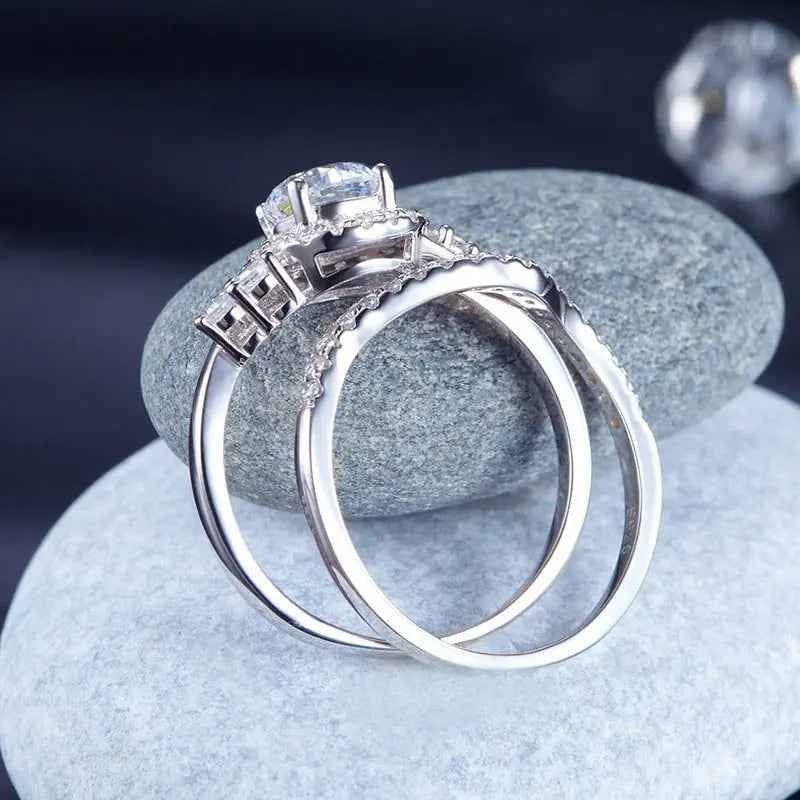 Solid 925 Sterling Silver Wedding Engagement Ring Set Anniversary Art Deco 1 Ct