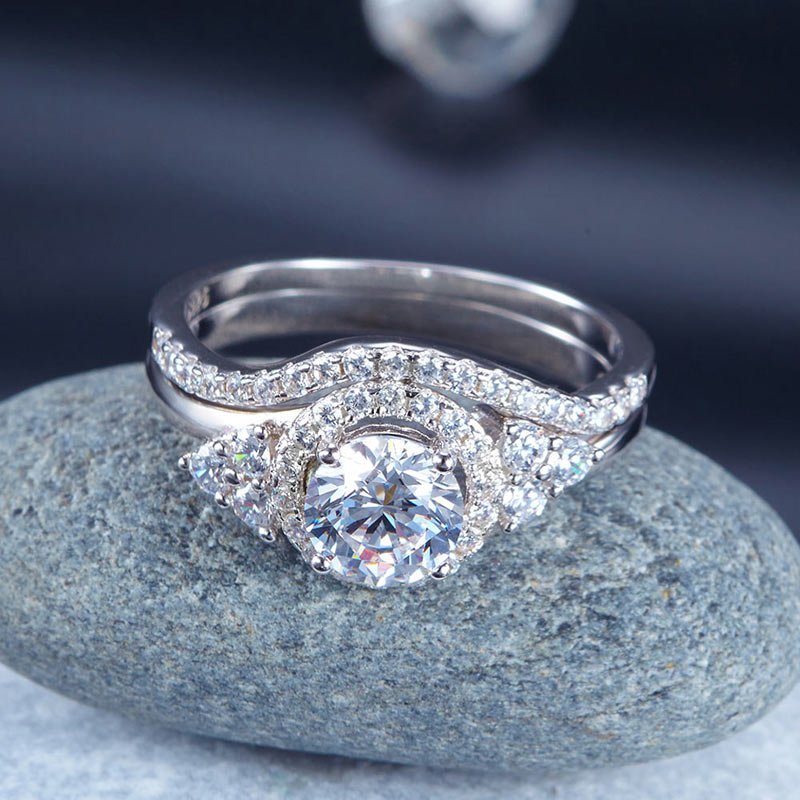 Solid 925 Sterling Silver Wedding Engagement Ring Set Anniversary Art Deco 1 Ct