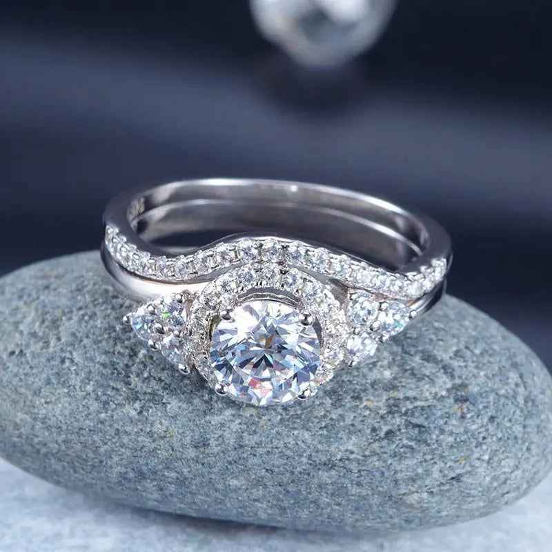 Solid 925 Sterling Silver Wedding Engagement Ring Set Anniversary Art Deco 1 Ct