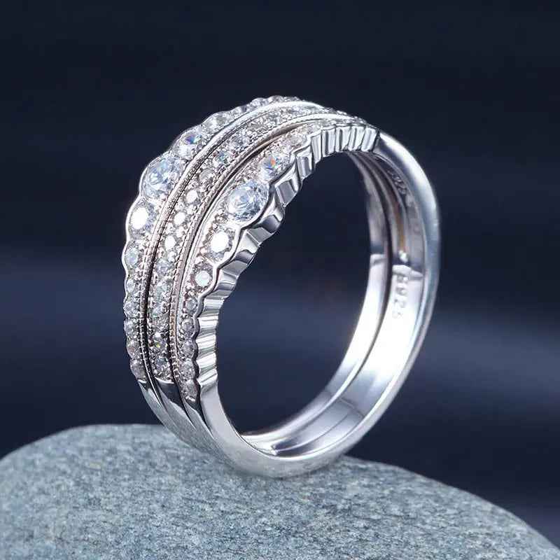 Solid 925 Sterling Silver Wedding Band Ring Set 3-Pieces Anniversary