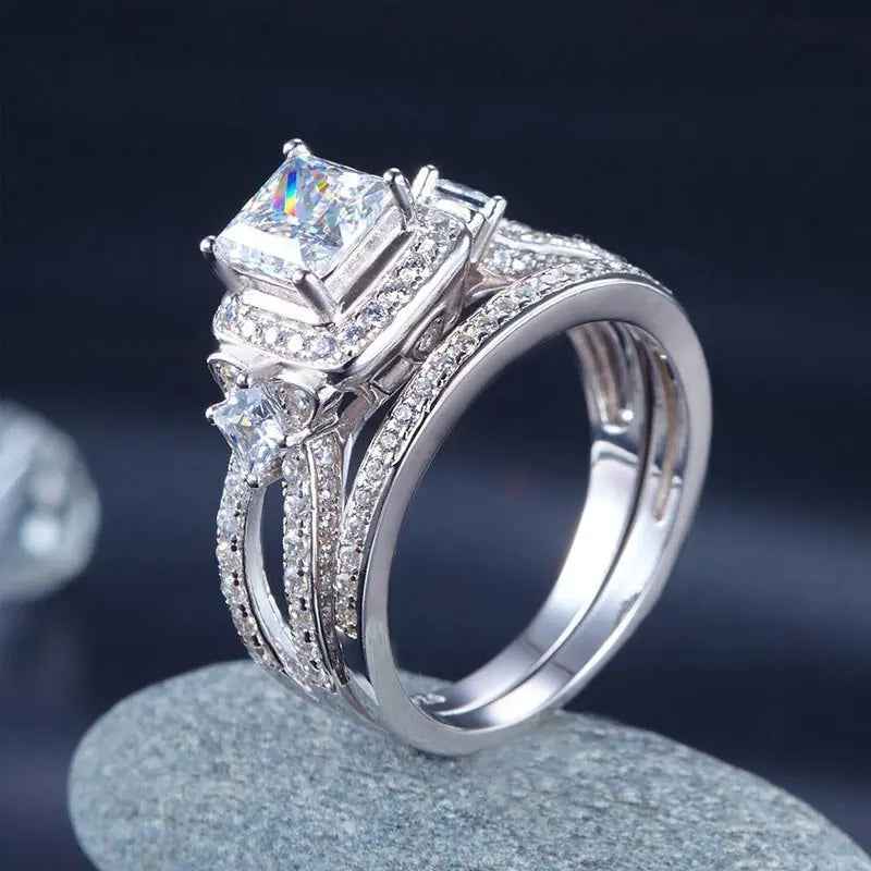 Princess Cut 925 Sterling Silver Wedding Engagement Ring Set Anniversary
