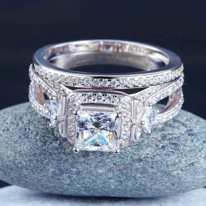 Princess Cut 925 Sterling Silver Wedding Engagement Ring Set Anniversary