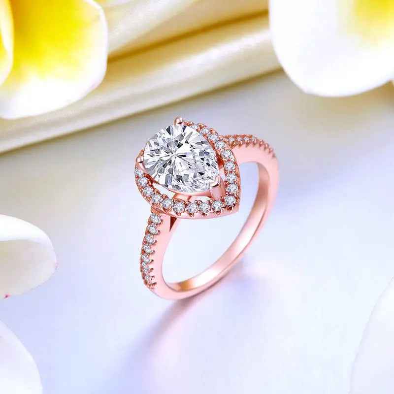 2 Ct Pear Cut Sterling 925 Silver Rose Gold Plated Ring Wedding Promise Ring