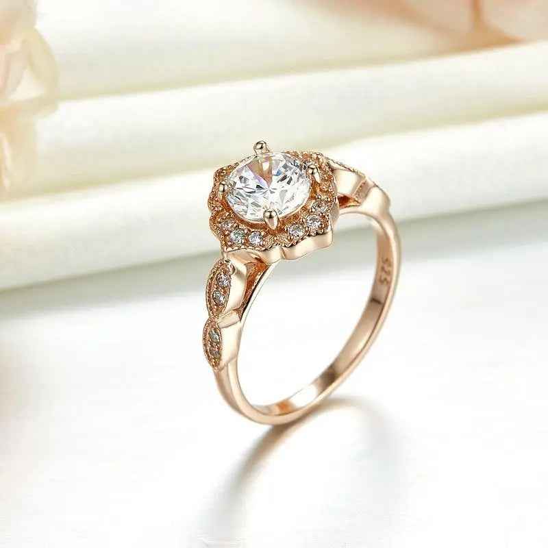 Vintage Style Art Deco Ring Solid 925 Sterling Silver Rose Gold Plated 1 Carat