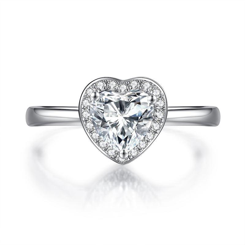 Heart Halo 1 Carat Moissanite Diamond Ring Engagement 925 Sterling Silver