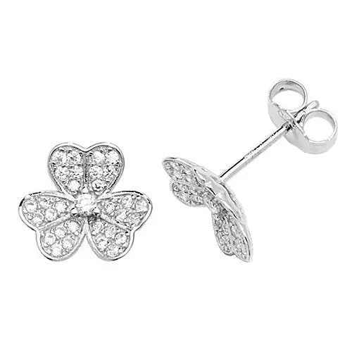 925 Silver Shamrock Rhodium Plated CZ Stud Earrings - Gift Boxed