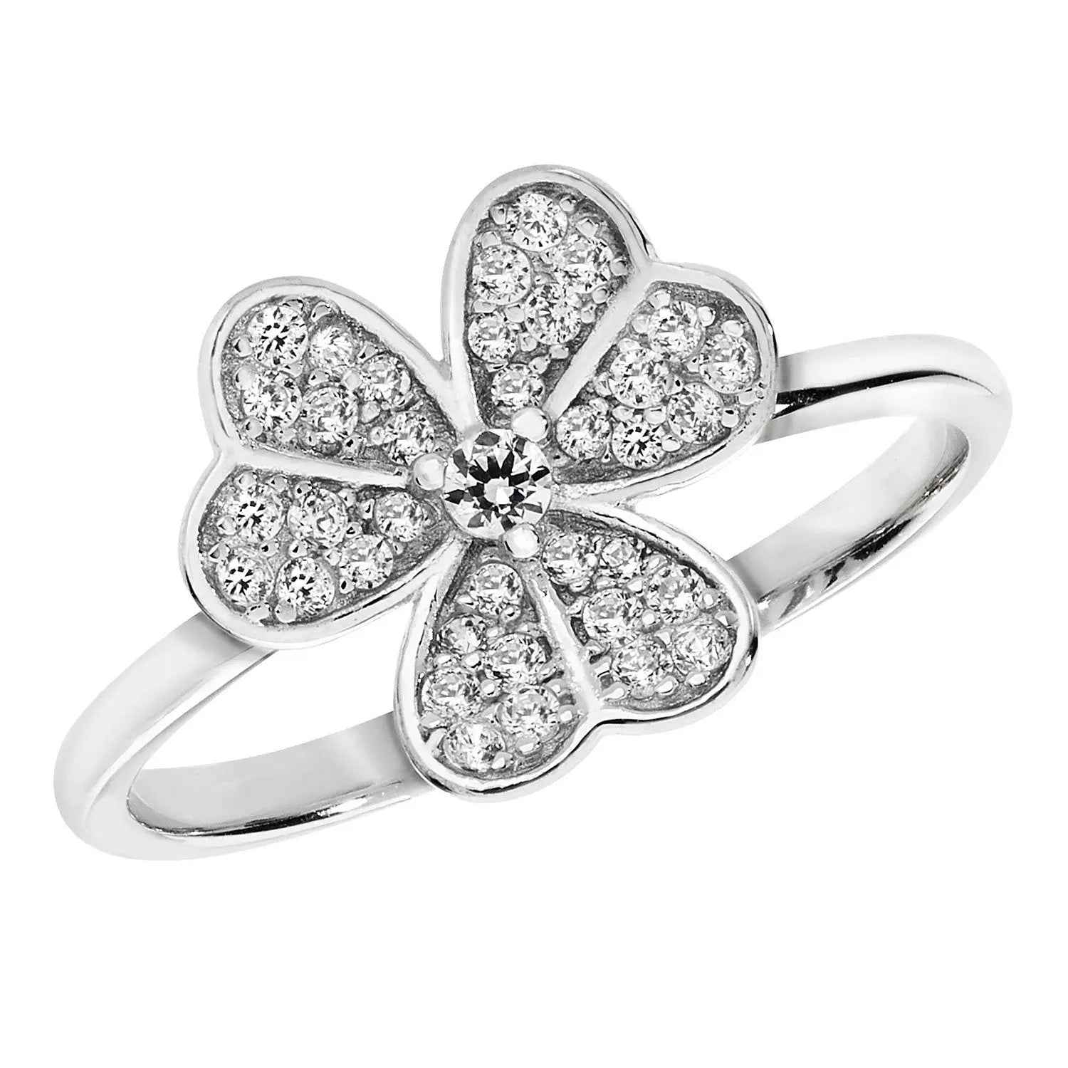 925 Silver Shamrock Rhodium Plated CZ Ring - Gift Boxed