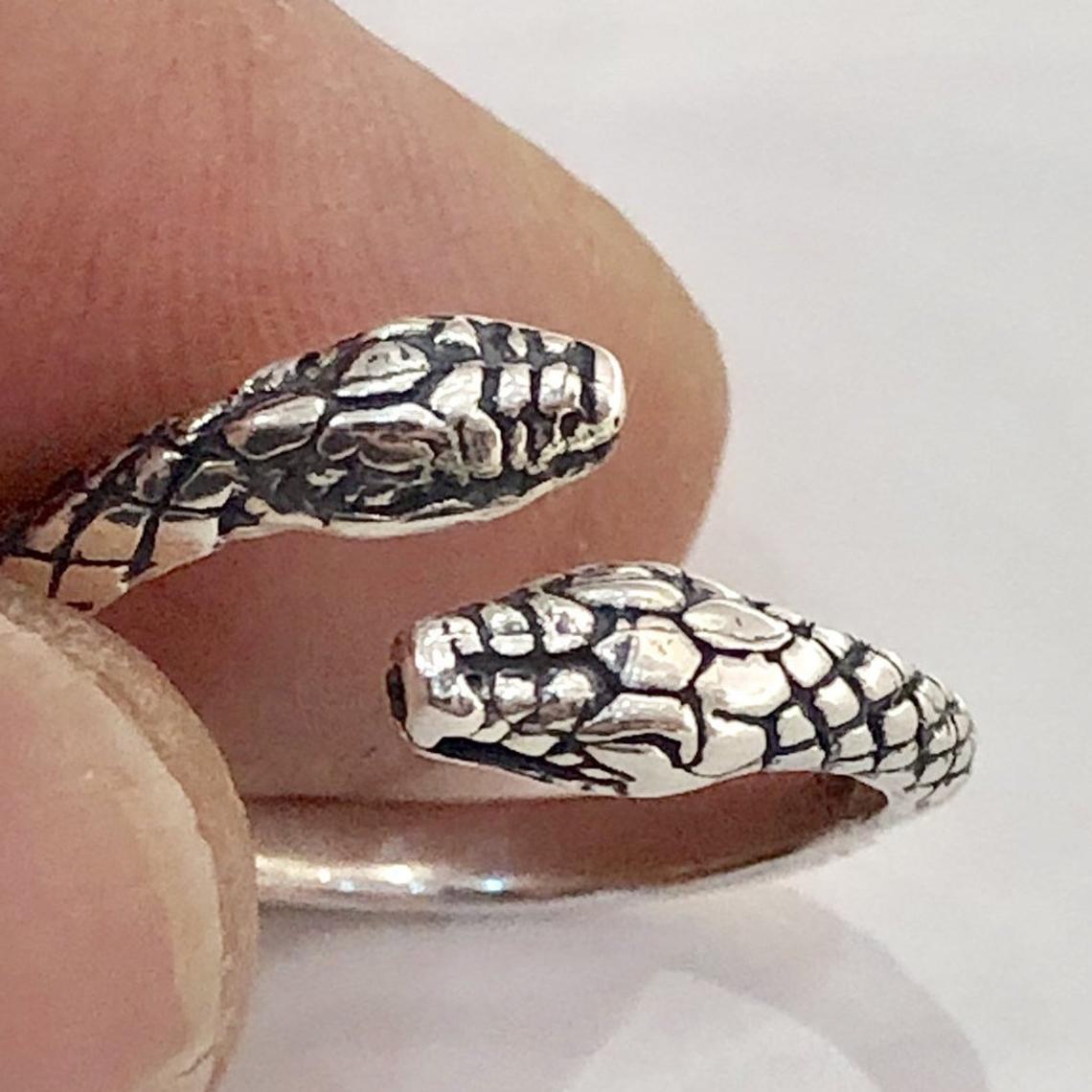 Sterling silver snake ring snake face double snake Adjustable snake ring
