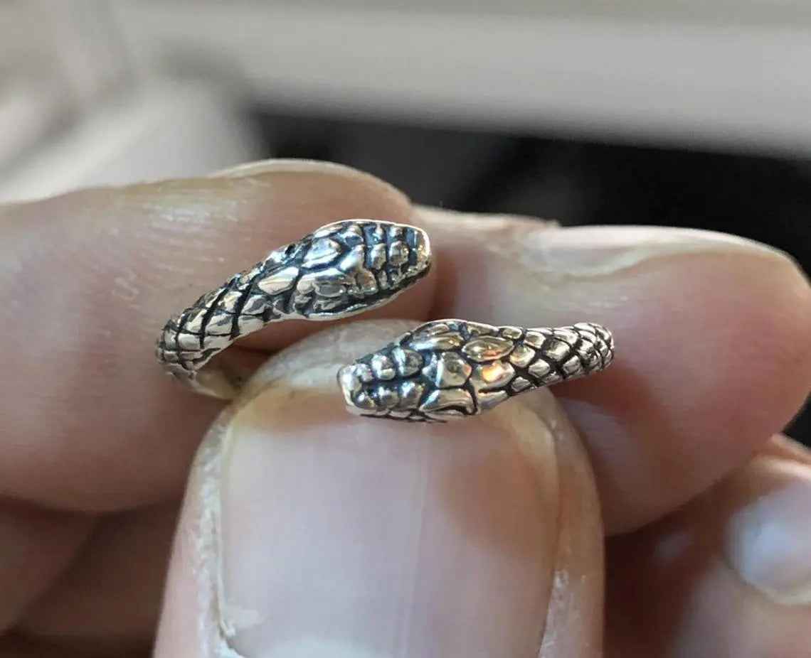 Sterling silver snake ring snake face double snake Adjustable snake ring