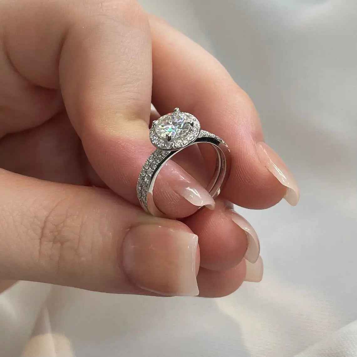 1 Carat Moissanite Halo Ring Set | Sterling Silver