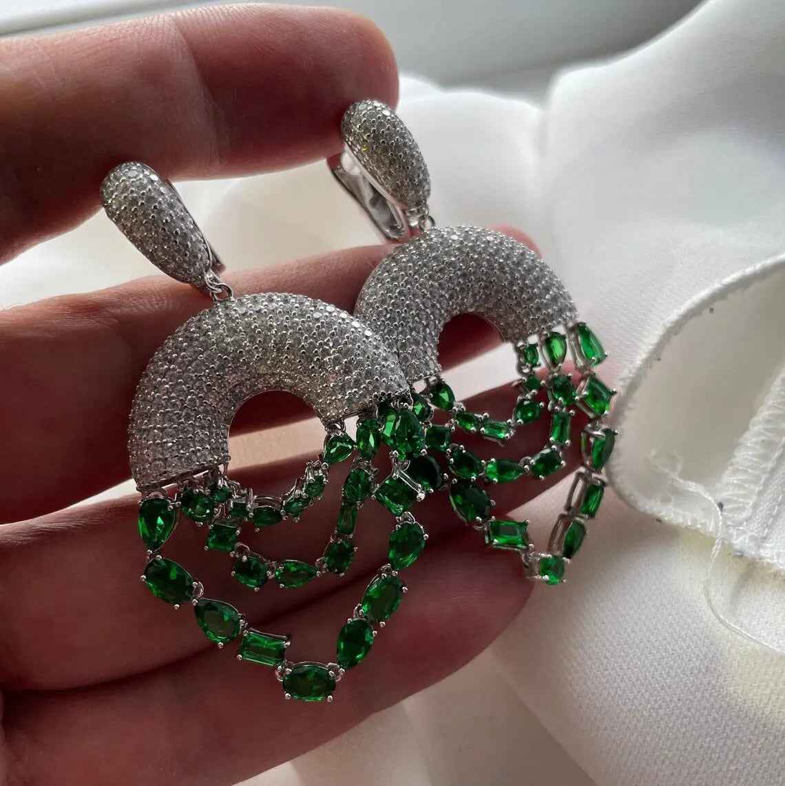 925 Sterling Silver Imitation Green emerald Statement Earrings - Gift Boxed