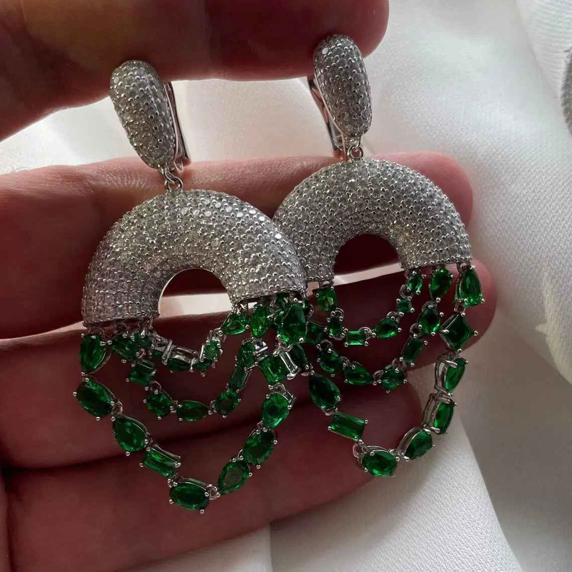 925 Sterling Silver Imitation Green emerald Statement Earrings - Gift Boxed
