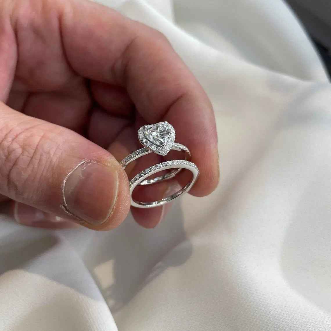 1 Carat Heart Moissanite Ring Set | Sterling Silver
