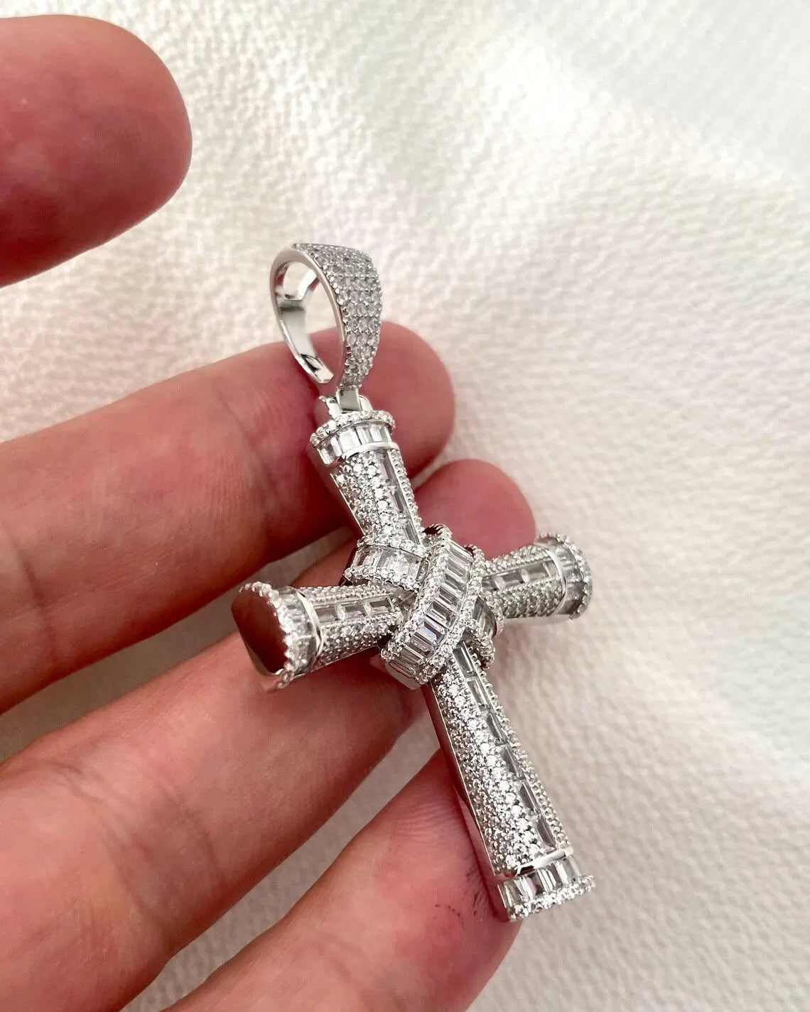 Sterling Silver CZ Cross Pendant - Baguette Cut Stone, Gift Boxed limanilondon