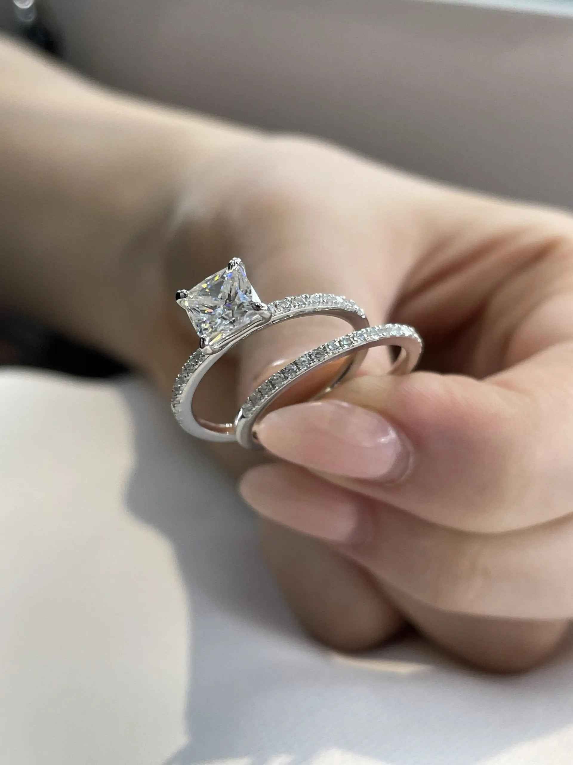 1 Carat Princess Cut Moissanite Ring Set | Sterling Silver