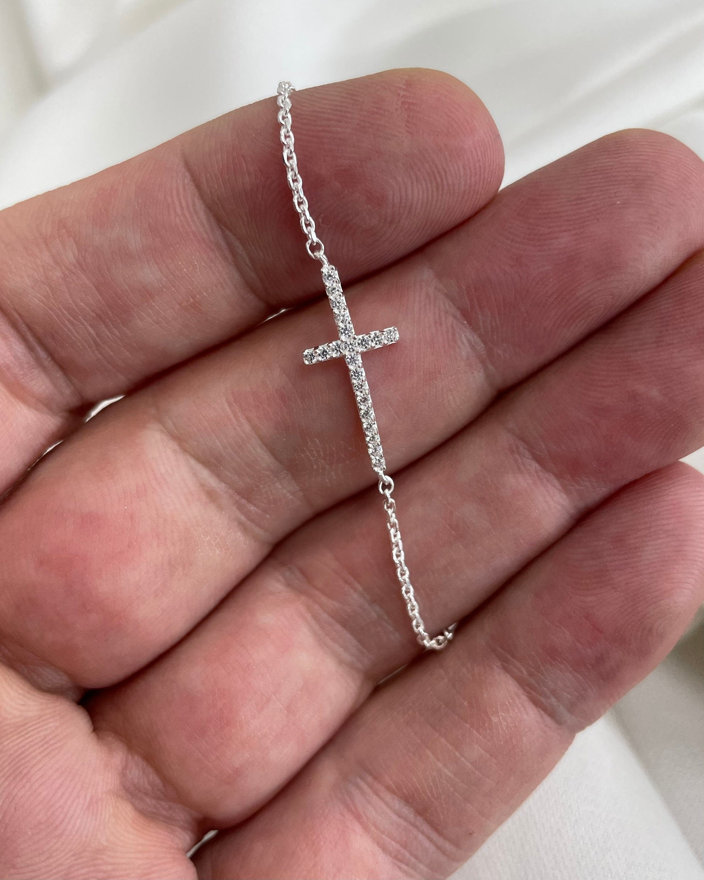 Sterling Silver Ladies Bracelet CZ Cross Pull Style Bracelet 1.95 Grams - Gift Boxed