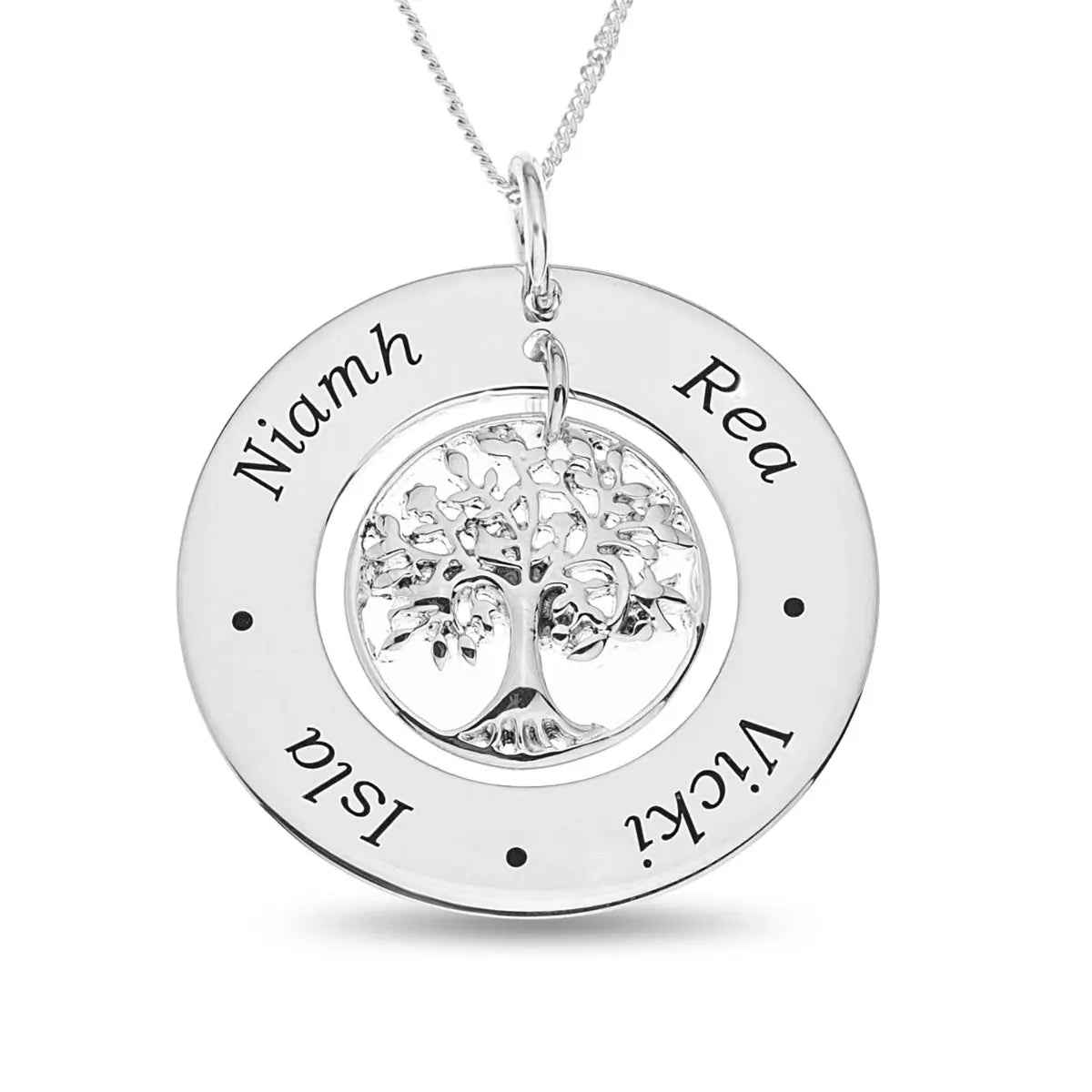 Sterling Silver Family Tree Pendant on 18" Chain Personalised With 4 Names