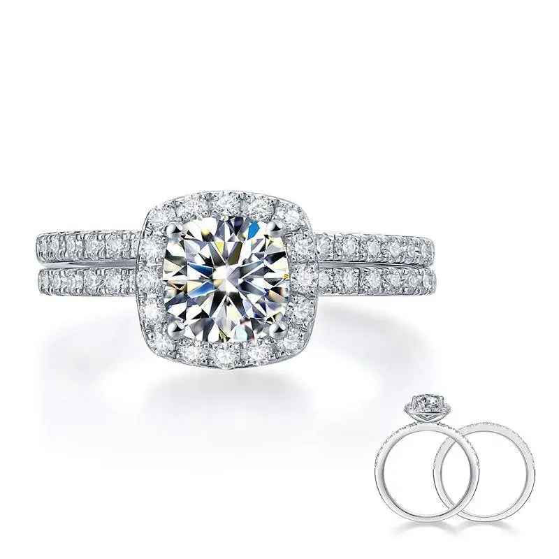 1 Carat Cushion Cut Moissanite Ring Set | Sterling Silver
