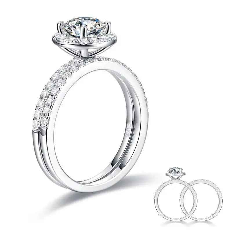1 Carat Moissanite Halo Ring Set | Sterling Silver