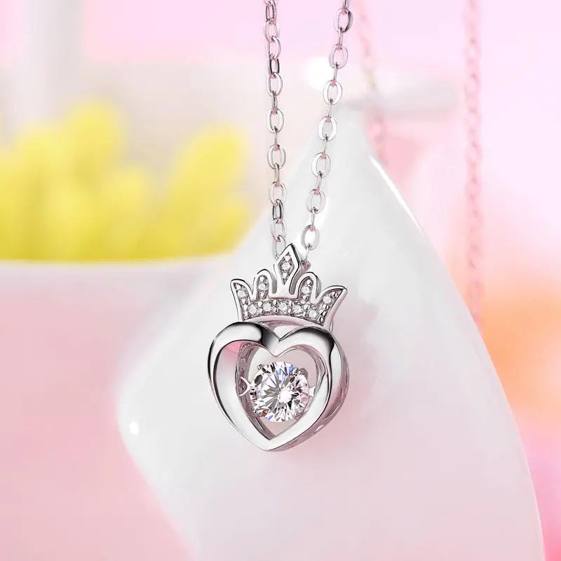 0.4 Carat Moissanite Diamond Dancing Stone Heart Crown Necklace 925 Sterling Silver limanilondon