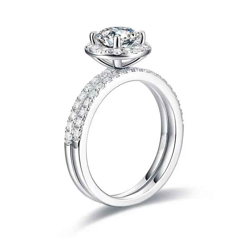 1 Carat Moissanite Halo Ring Set | Sterling Silver