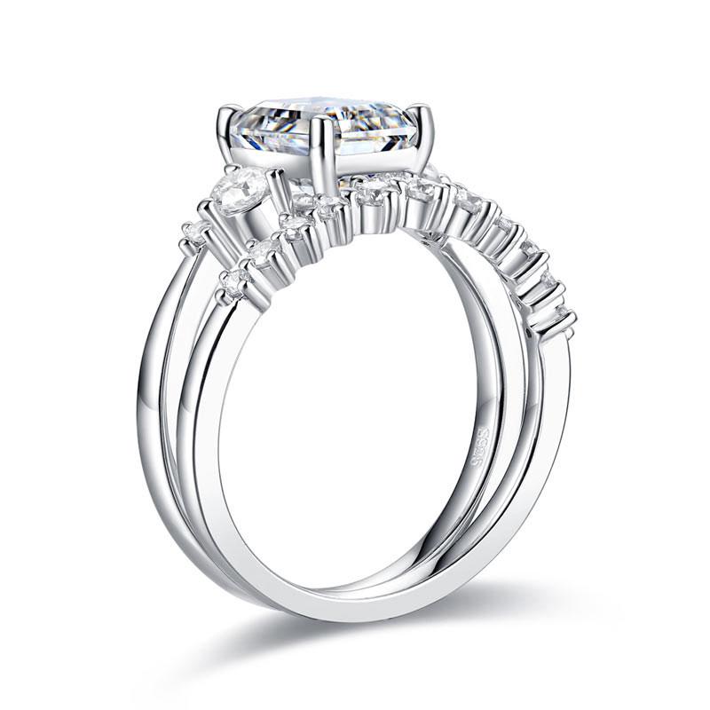 2 Carat Emerald Cut Moissanite Diamond Ring Set ( 2 pcs) 925 Sterling Silver