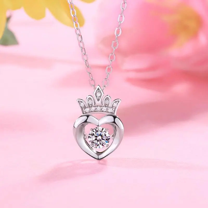 0.4 Carat Moissanite Diamond Dancing Stone Heart Crown Necklace 925 Sterling Silver limanilondon
