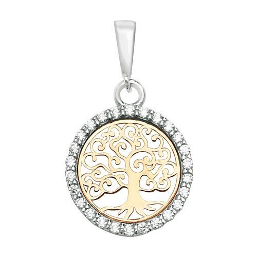 Genuine 9ct Yellow Gold Tree of Life Round CZ Pendant with Rolo Chain Necklace