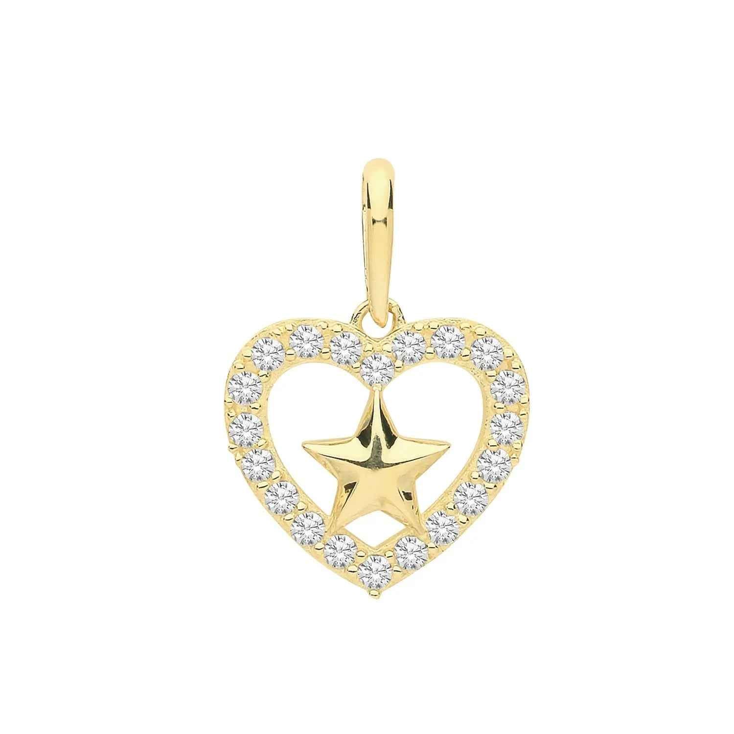 Genuine 9ct Yellow Gold CZ Heart & Star Charm with Rolo Chain Necklace