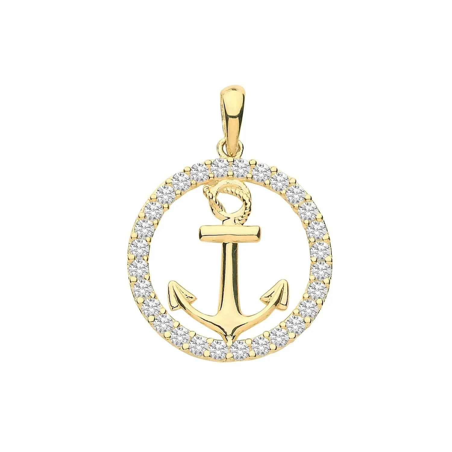 Genuine 9ct Yellow Gold CZ Anchor Charm with Rolo Chain Necklace