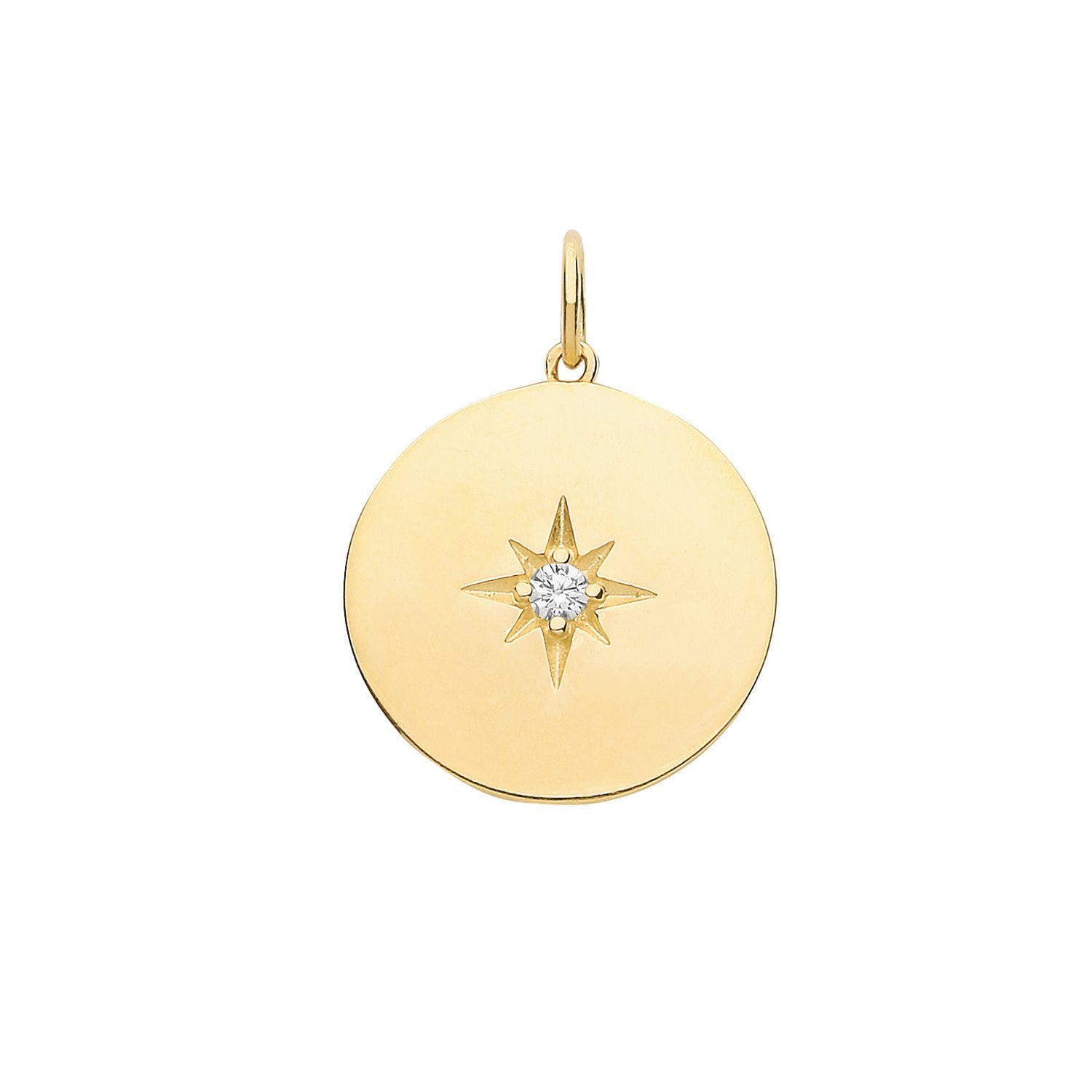 Genuine 9ct Yellow Gold Round Disc with Single CZ Charm Rolo Chain Necklace