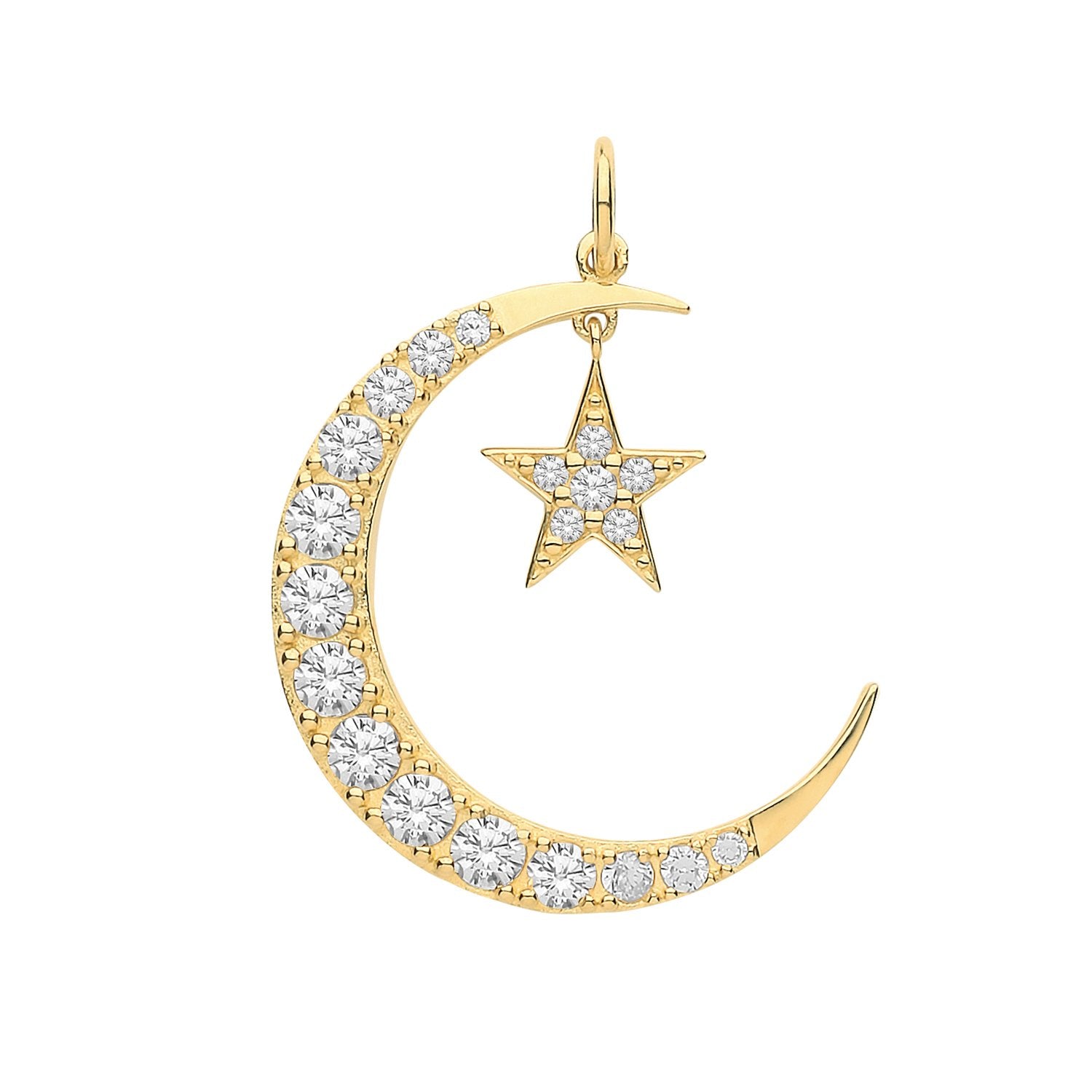Genuine 9ct Yellow Gold CZ Set Star and Moon Charm Rolo Chain Necklace